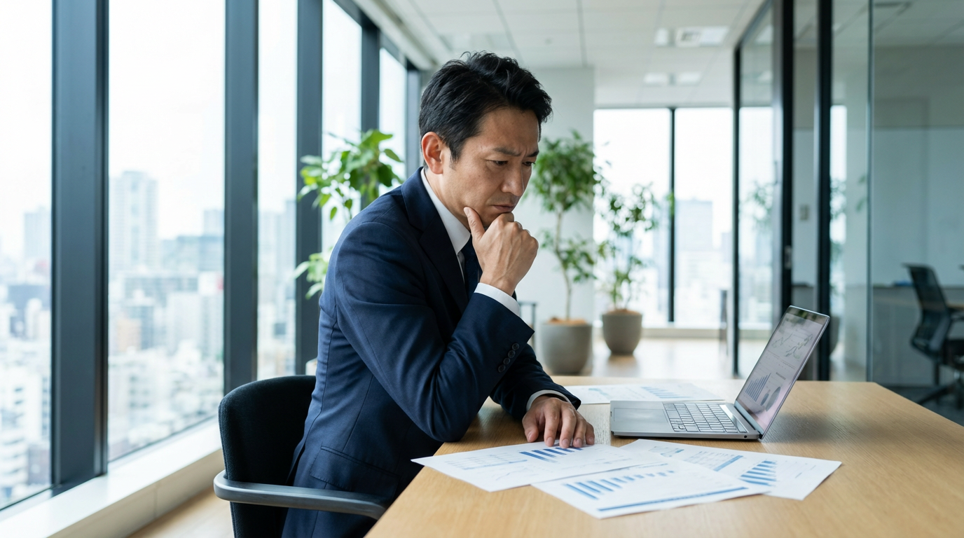 日本人経営者が組織・人事の課題について悩んでいる様子